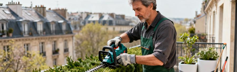 Jardinier Paysagiste Paris Entretien Balcon Terrasse Jardinier professionnel taillant haie balcon parisien, taille-haie compact et jardinières urbaines