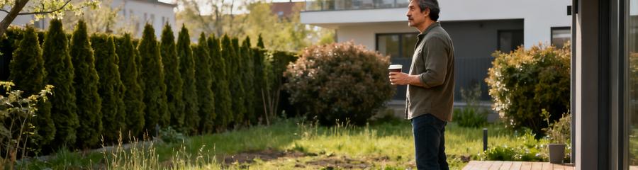 Proprietaire Jardin Besoin Jardinier Professionnel Propriétaire observant son jardin résidentiel, réflexion sur entretien professionnel nécessaire