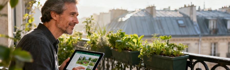 Proprietaire Parisien Devis Jardinier Comparaison Tarifs Propriétaire parisien comparant devis jardiniers en ligne sur tablette, terrasse urbaine